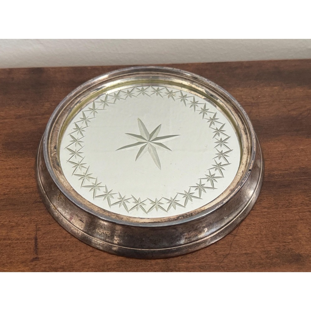 Vintage White Barn Co Silver Starburst Etched Mirror Candle Holder / Vanity Tray